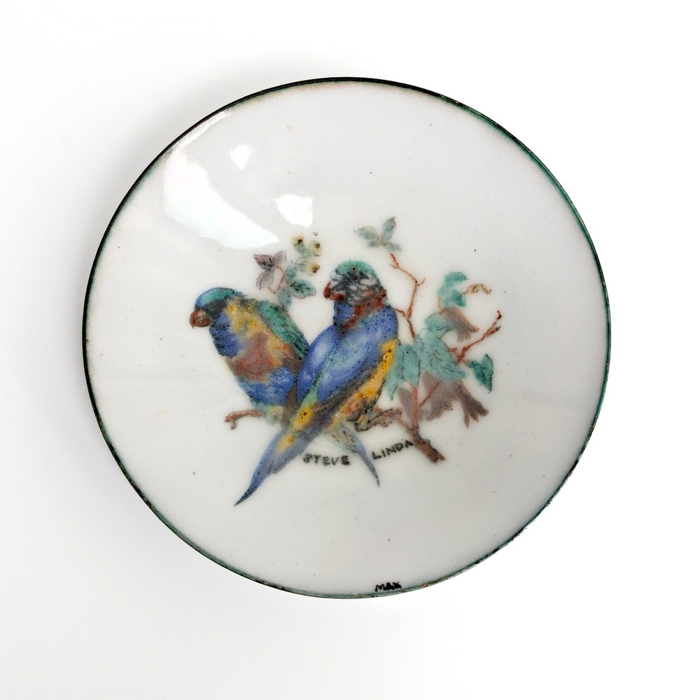 Vintage Parakeet Bird Art Bowl Metal And Enamel Handmade